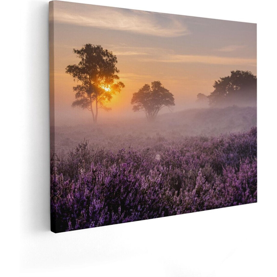 Artaza Canvas Schilderij Zonsondergang - 50x40 cm - Wanddecoratie Heide - Muurdecoratie Landschap - Kamer Accessoires Bomen Mist afbeelding 1
