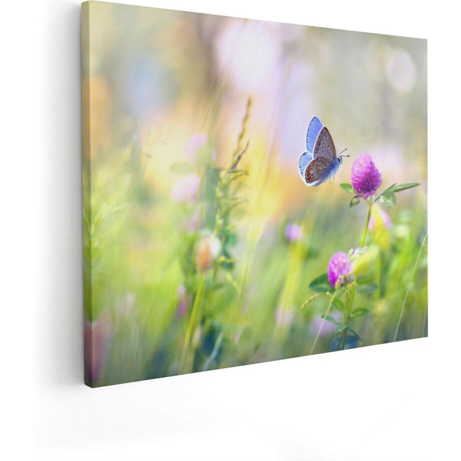 Artaza Canvas Schilderij Blauwe Vlinder Bij Een Paarse Bloem - 100x80 - Groot - Foto Op Canvas - Canvas Print afbeelding 1
