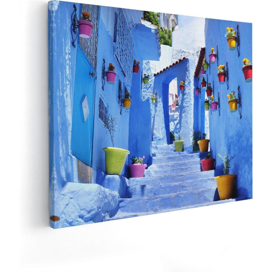 Artaza Canvas Schilderij Blauwe Huizen met Bloempotten in Chefchaouen, Marokko - 50x40 - Foto Op Canvas - Canvas Print afbeelding 1