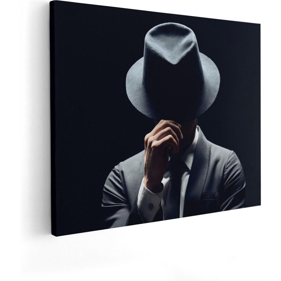 Artaza Canvas Schilderij Man Met Een Hoedje In Het Zwart - 100x80 cm - Groot - Wanddecoratie Woonkamer - Schilderijen - Muurdecoratie afbeelding 1