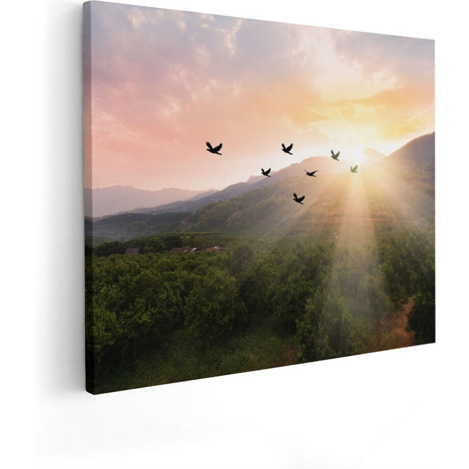 Artaza Canvas Schilderij Zonsondergang - 50x40 cm - Wanddecoratie Bergen - Muurdecoratie Vogels - Kamer Accessoires Natuur afbeelding 1