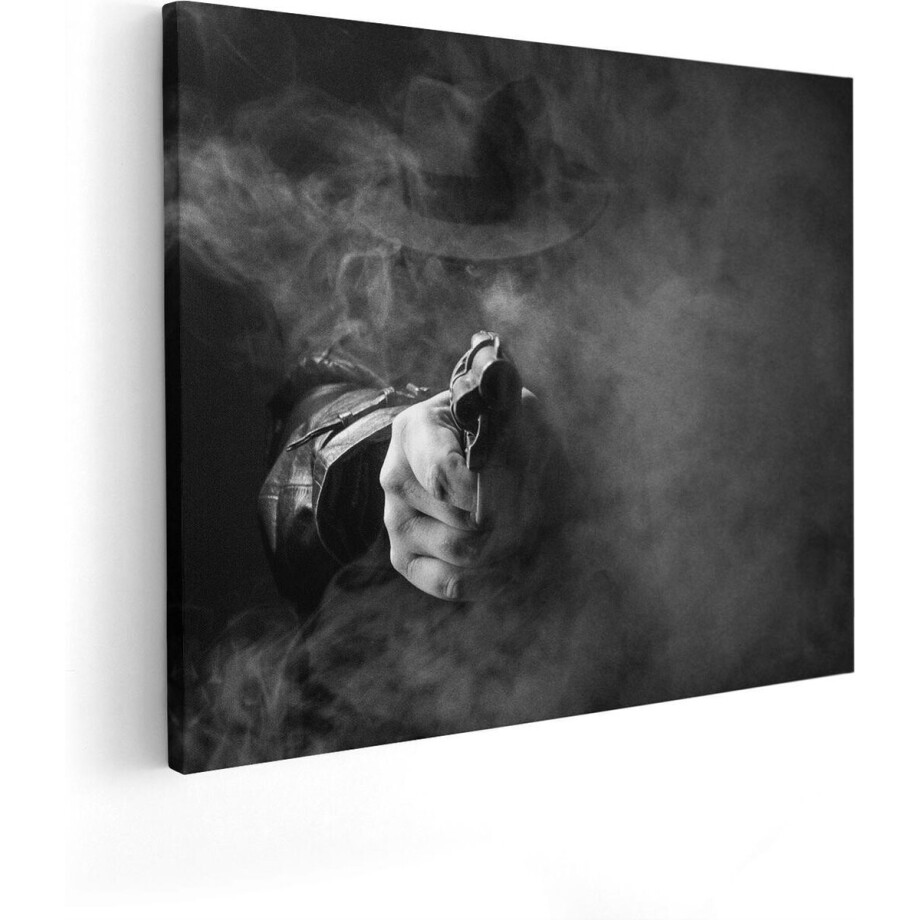 Artaza Canvas Schilderij Man Met Een Hoed Trekt Zijn Pistool - Zwart Wit - 50x40 - Foto Op Canvas - Canvas Print afbeelding 1