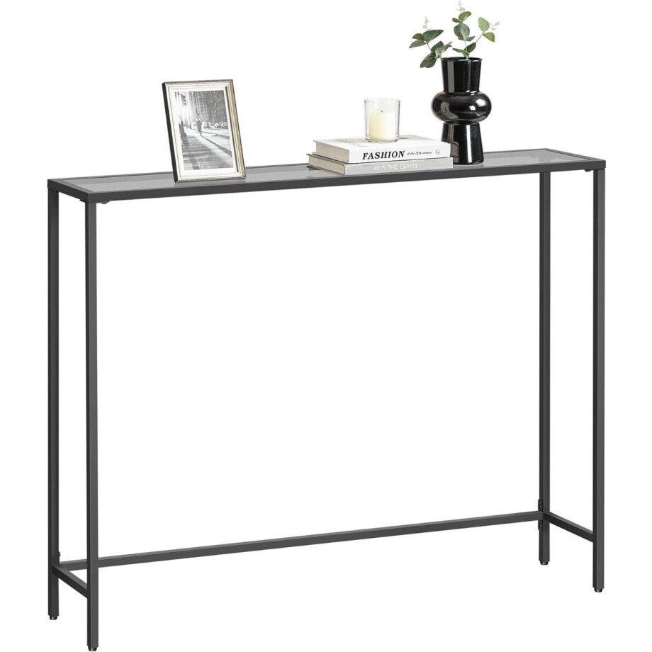 Wandtafel – Haltafel met Glazen Bovenblad - Smalle Consoletafel voor Gang & Woonkamer - Stevig en Stabiel – Zwart/Grijs afbeelding 1