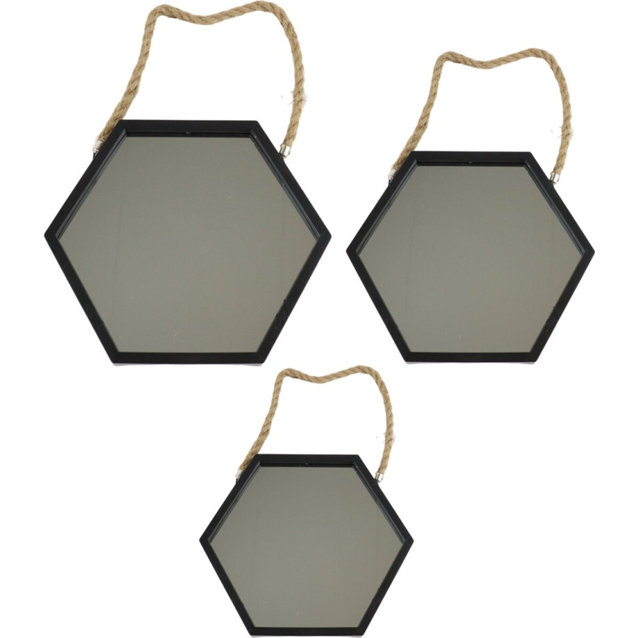 Orange85 Spiegel - Hexagon - Set 3 Delen - Zwart glas - Touw afbeelding 1