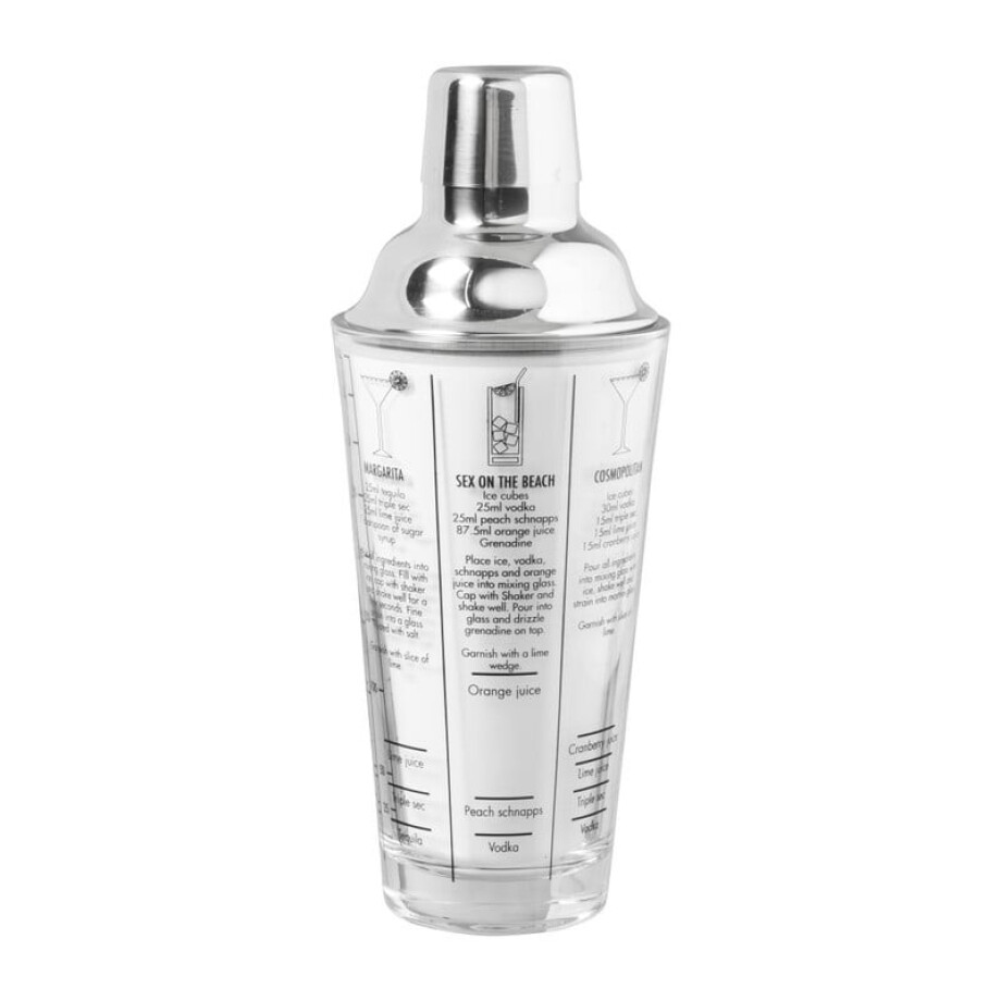 Cocktailshaker met recepten - transparant/zilver - ø8.3x22 cm afbeelding 