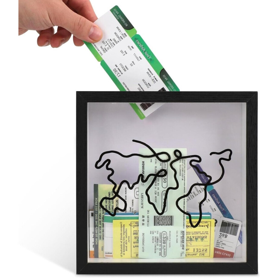 Jhubers Goods - Adventure Archive Box - Acryl Reis Shadow Box - Kaartpatroon - Reis Souvenir Schaduwdoos - Hangend Houten Geheugenkoffer Frame voor Tickets Foto's Stempels - Zwart. afbeelding 1