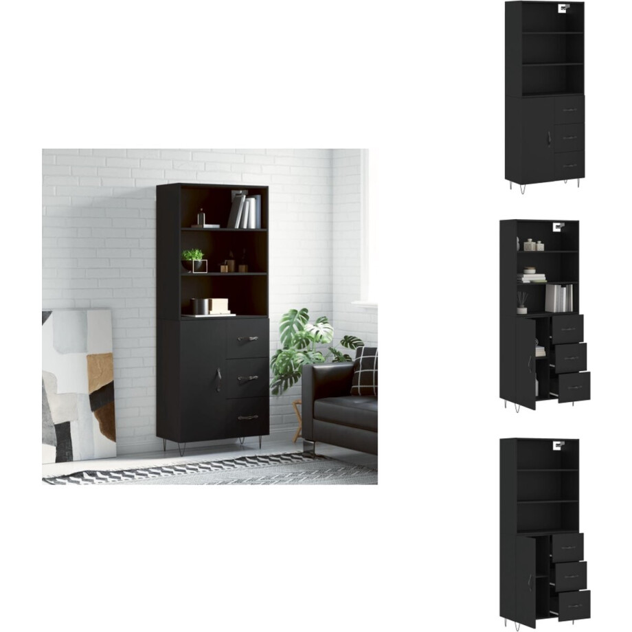 vidaXL Hoge Kast - Hoge Kasten - Dressoir - Buffetkast - Hoge kast 69-5x34x180 cm bewerkt hout zwart afbeelding 1