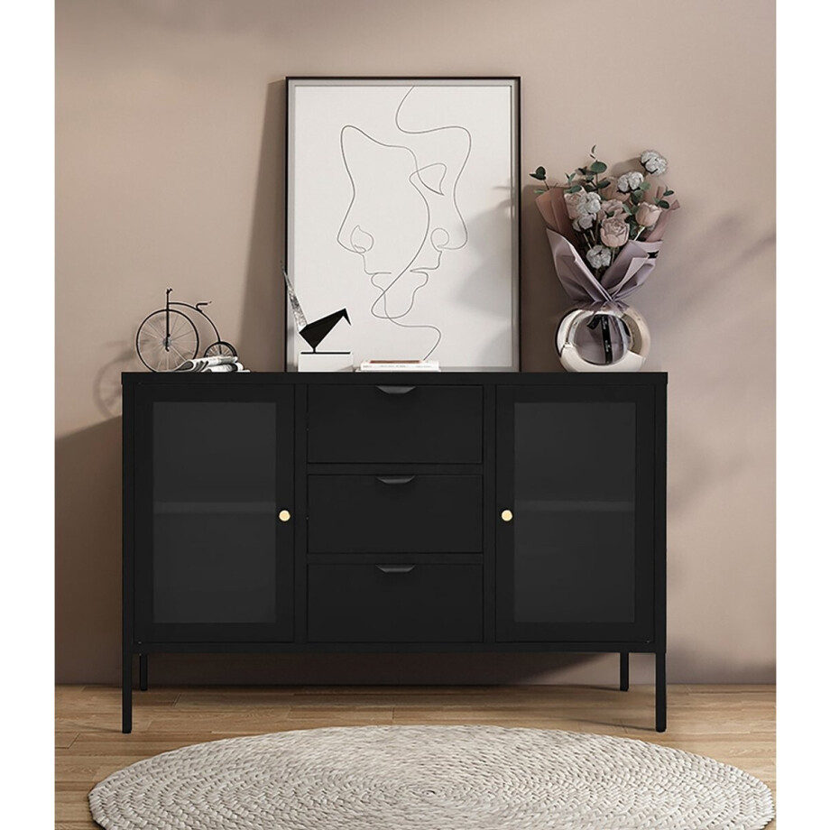 House Nordic Dressoir Dalby Zwart Staal met Glas House Nordic Dressoir Dalby Zwart Staal met Glas afbeelding 1