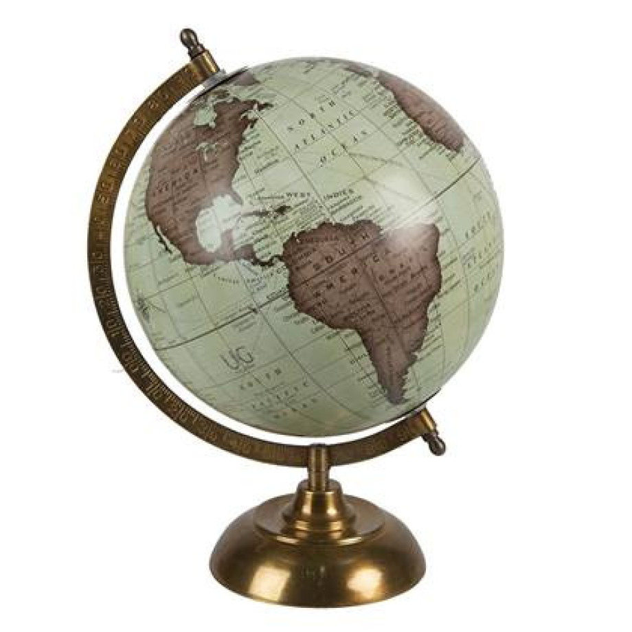 Clayre & Eef Wereldbol 22x33 cm Groen Bruin Hout Ijzer Globe afbeelding 1
