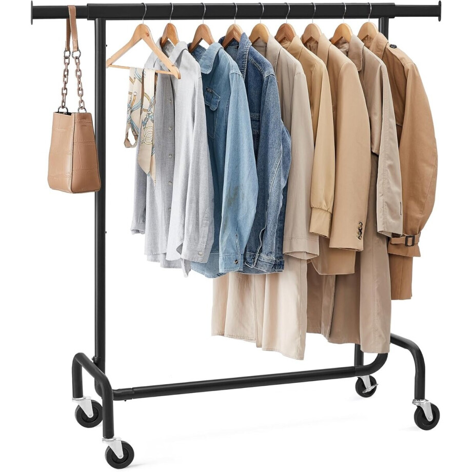 Garderoberek op Wielen - Heavy Duty Kledingrek met Uitschuifbare Stang – 130 kg Belastbaar – Mat Zwart afbeelding 1