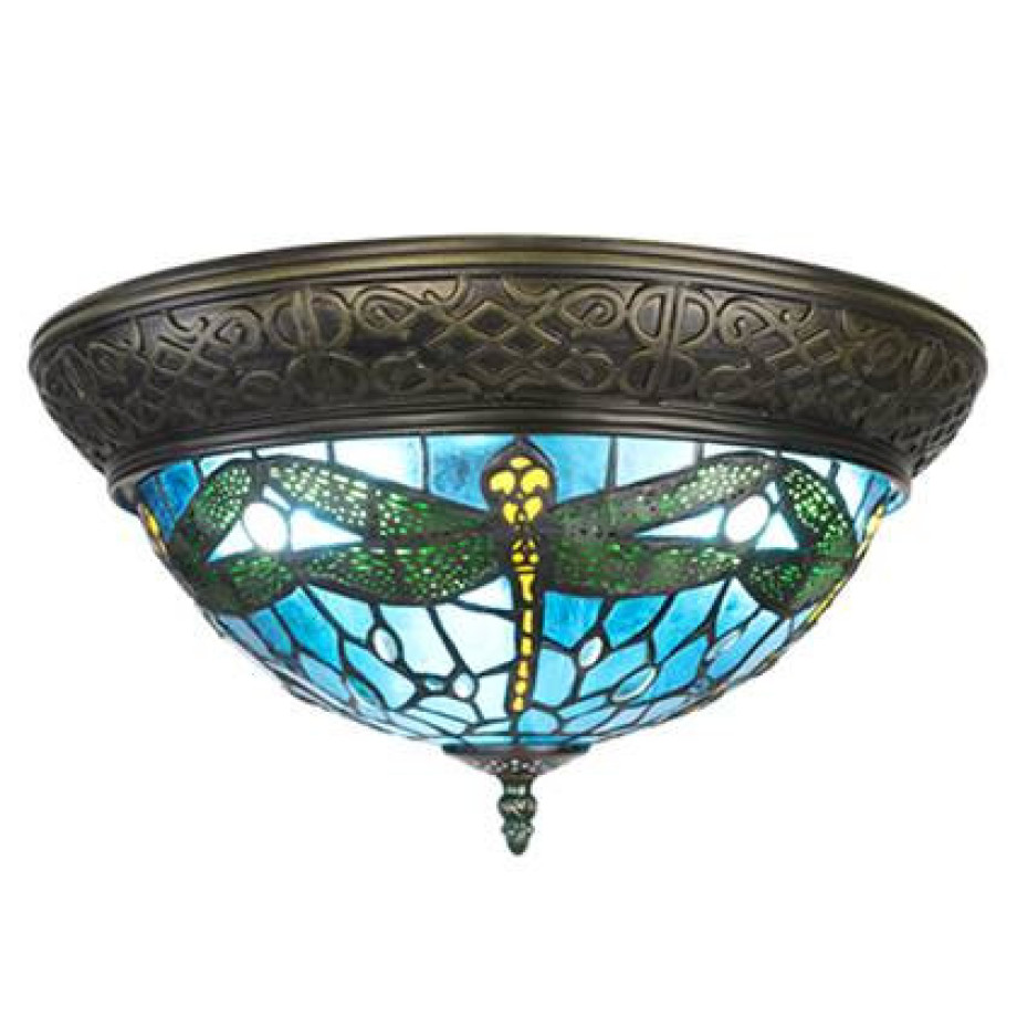 Clayre & Eef Plafondlamp Tiffany Ã 38 cm Blauw Bruin Kunststof Glas afbeelding 1
