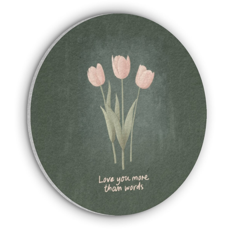Akoestisch wandpaneel rond 50x50 cm - Vilt schilderij Tulpen - Roze - Tekst - Love - Ronde akoestische panelen - Geluidsdempende wanddecoratie - Geluidsisolatie wandcirkel - Muurdecoratie geluidspanelen - Moederdag cadeautje - Cadeau voor mama afbeelding 1