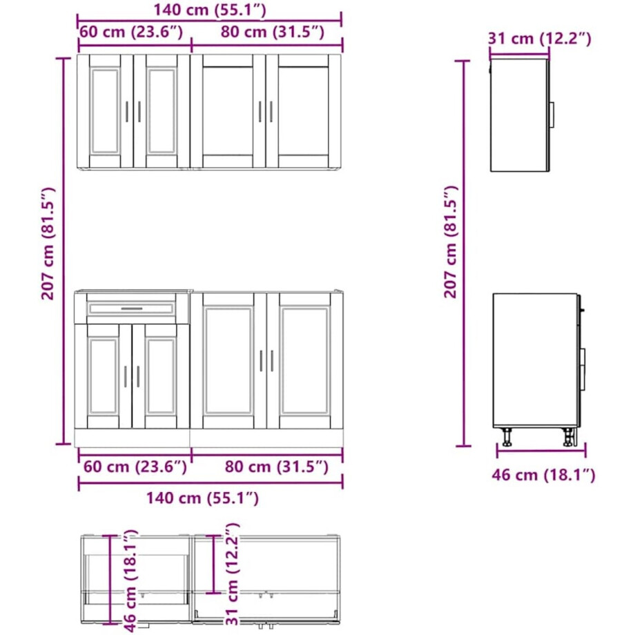 vidaXL - 4-delige - Keukenkastenset - Porto - bewerkt - hout - gerookt - eiken afbeelding 1