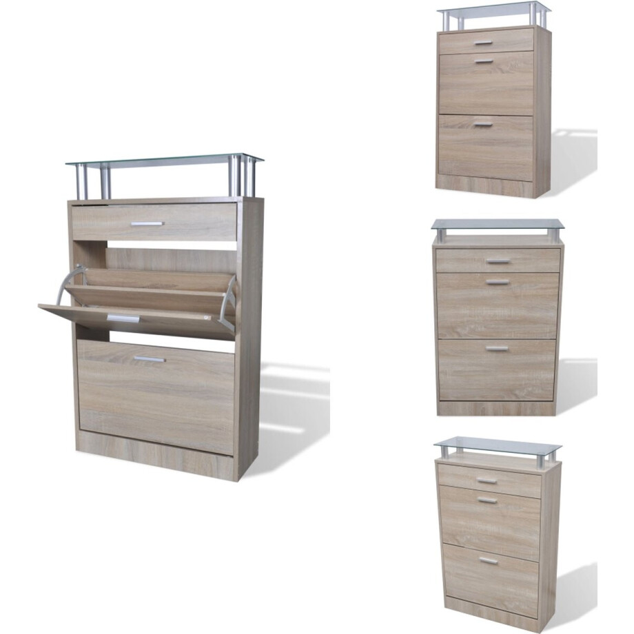 vidaXL Houten Schoenenkast - Houten Schoenenkasten - Schoenenkast - Schoenenkasten - Schoenenkast met lade en glazen bovenschap eiken-look afbeelding 1