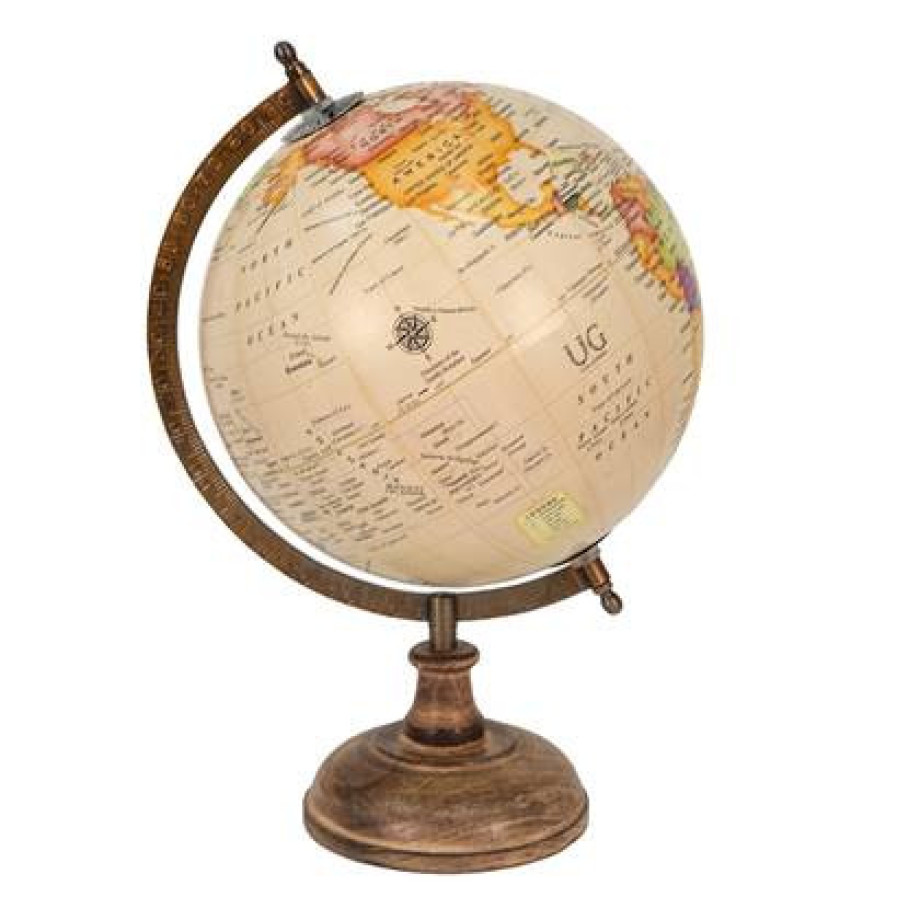 Clayre & Eef Wereldbol 22x37 cm Beige Bruin Hout Ijzer Rond Globe afbeelding 1