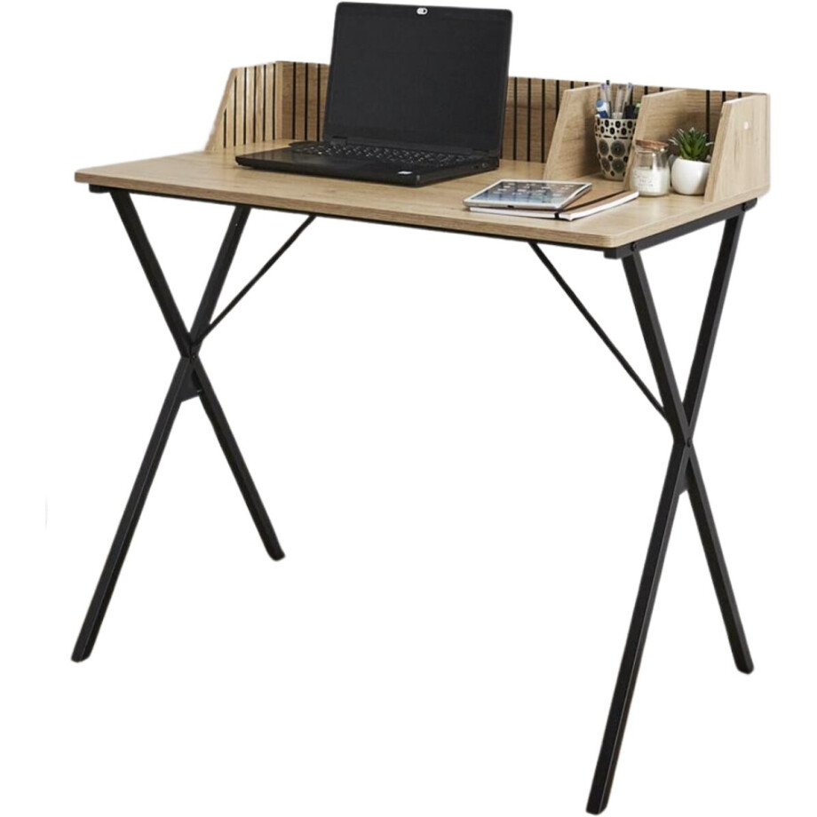MISOU Klaus Bureau - Laptoptafel - Bureautafel met Opbergvakjes - Hout - Stalen Poten - Staand - Bruin afbeelding 1