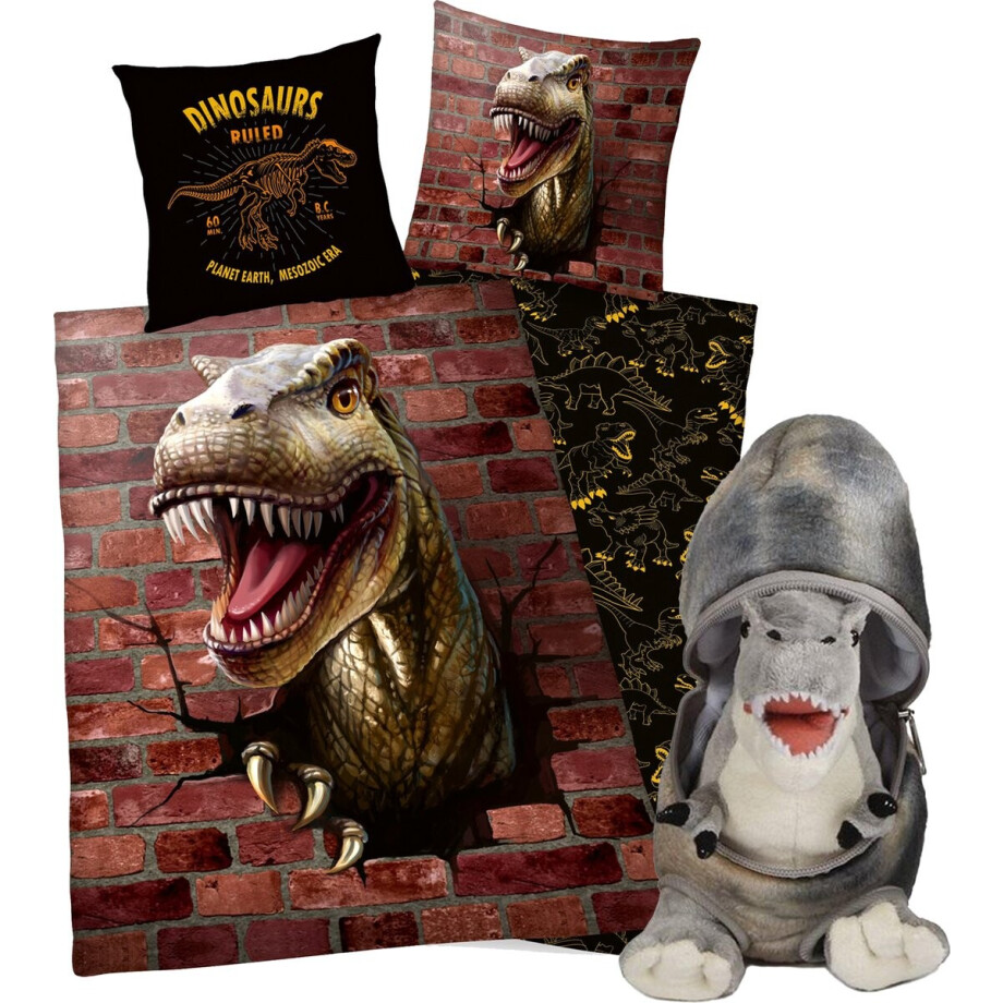 Dekbedovertrek - Dinosaurus - 1 persoons - 140x200 cm - 100% katoen - dubbelzijdig - met pluche Dinosaurus in een ei. Dekbedovertrek - Dinosaurus - 1 persoons - 140x200 cm - 100% katoen - dubbelzijdig - met pluche Dinosaurus in een ei. afbeelding 1