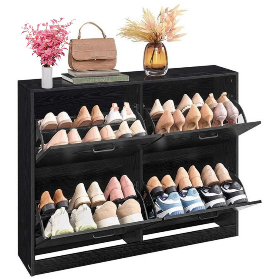 Signature home Miami Schoenenkast 4 kleppen - Schoenenrek Verstelbaar voor 16-28 paar schoenen - Gang - Ebbenhout Zwart - 24 x 105,5 x 82,7 cm Signature home Miami Schoenenkast 4 kleppen - Schoenenrek Verstelbaar voor 16-28 paar schoenen - Gang - Ebbenhout Zwart - 24 x 105,5 x 82,7 cm afbeelding 1