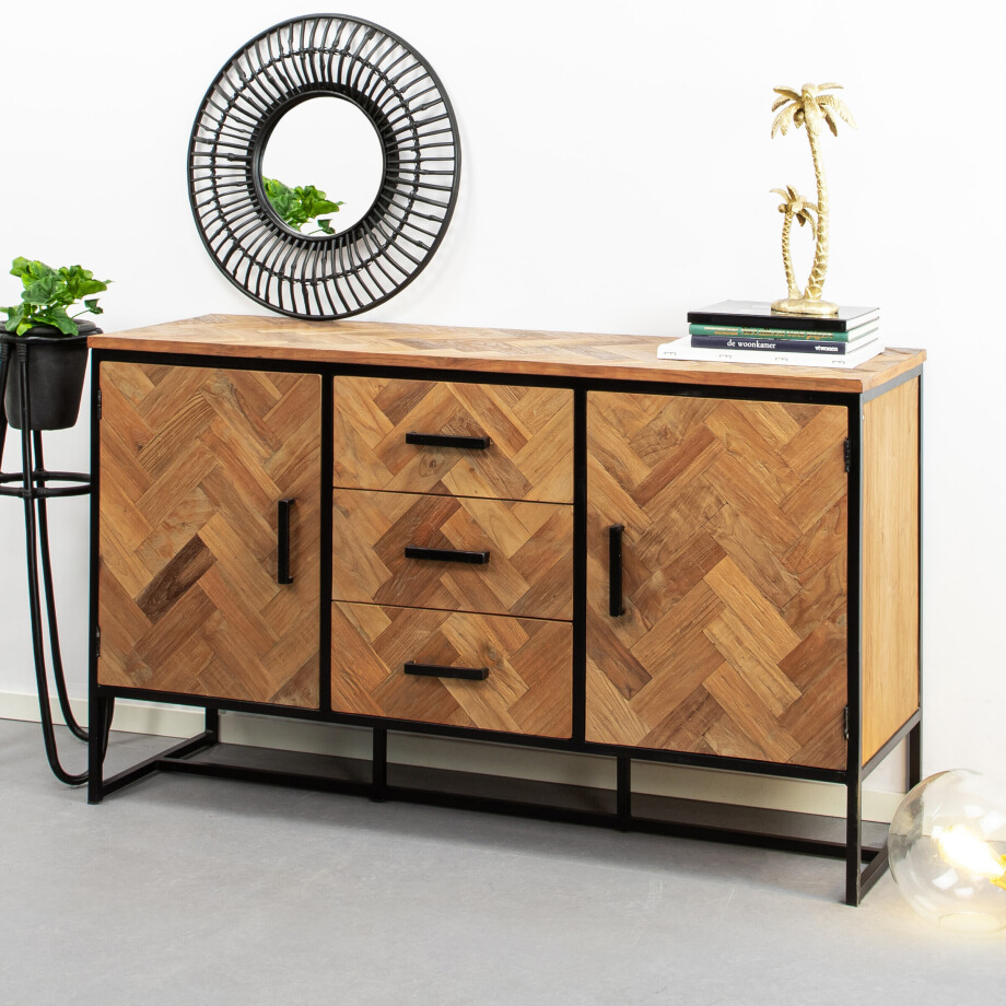 Livingfurn Dressoir 'Accent' Visgraat Teak en staal, 145cm afbeelding 