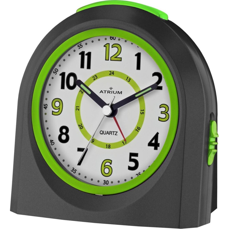 ATRIUM - Wekker - Kinderen - Meisjes - Jongens - Analoog - Zonder tikgeluid - LED-licht - Licht/ wijzerplaatverlichting - Glow-in-the-dark wijzers -Zwart / Groen - Opbouwend geluidniveau - Grote drukknoppen - Snooze - Slaapkamer - Klok - A921-7 afbeelding 1