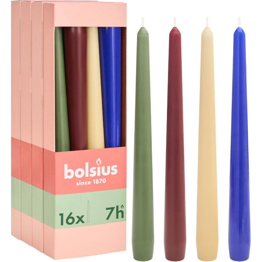 Bolsius - Dinerkaarsen Set - 16 stuks - Playful Class - Rood - Beige - Blauw - Groen - 7 branduren afbeelding 1