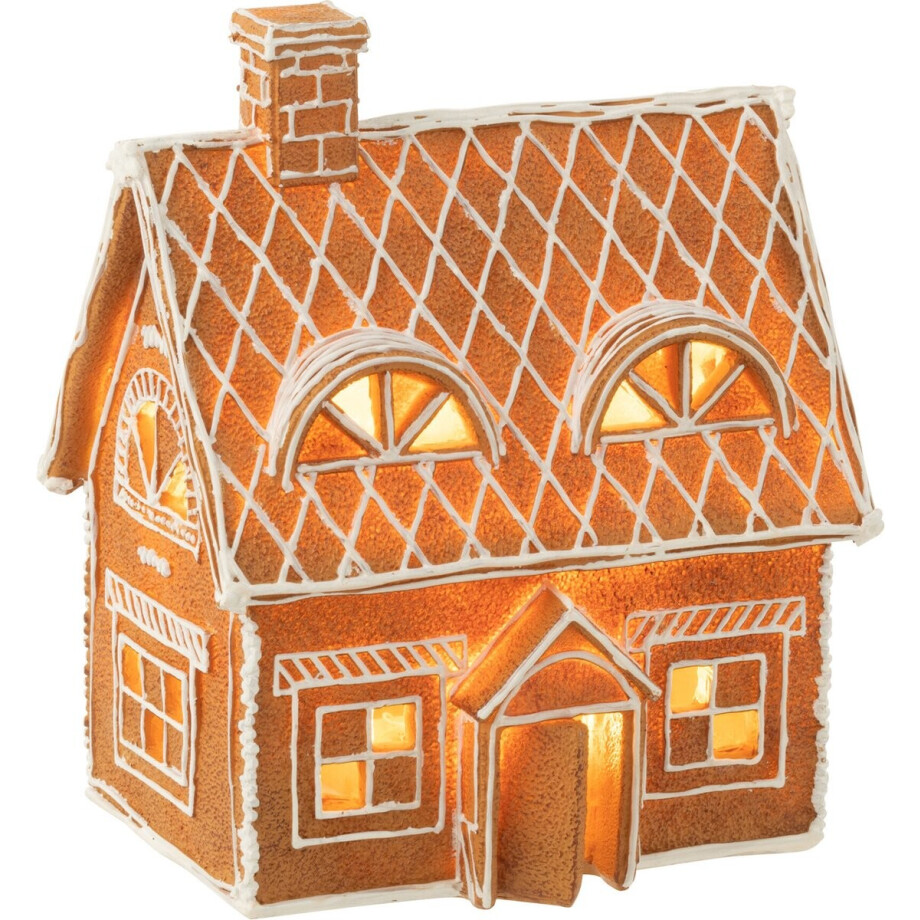 J-Line decoratie Huis Peperkoek Rechthoek - polyresin - bruin - large - LED lichtjes afbeelding 1