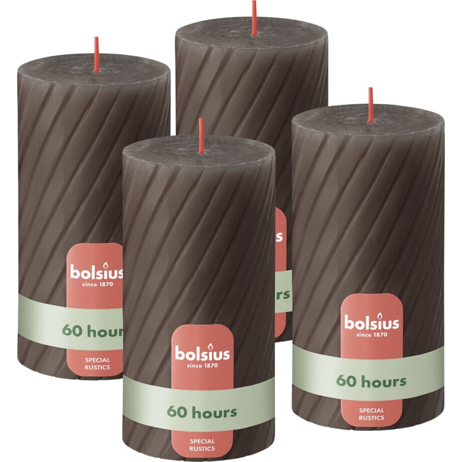 Bolsius - Rustieke Kaars - Gedraaid Patroon - 4 stuks - Taupe Donker Bruin - 60 branduren - 13 cm Bolsius - Rustieke Kaars - Gedraaid Patroon - 4 stuks - Taupe Donker Bruin - 60 branduren - 13 cm afbeelding 1