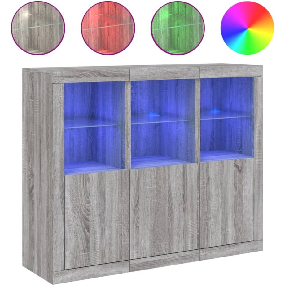 vidaXL - Dressoirs - met - LED-verlichting - 3 - st - bewerkt - hout - grijs - sonoma vidaXL - Dressoirs - met - LED-verlichting - 3 - st - bewerkt - hout - grijs - sonoma afbeelding 1