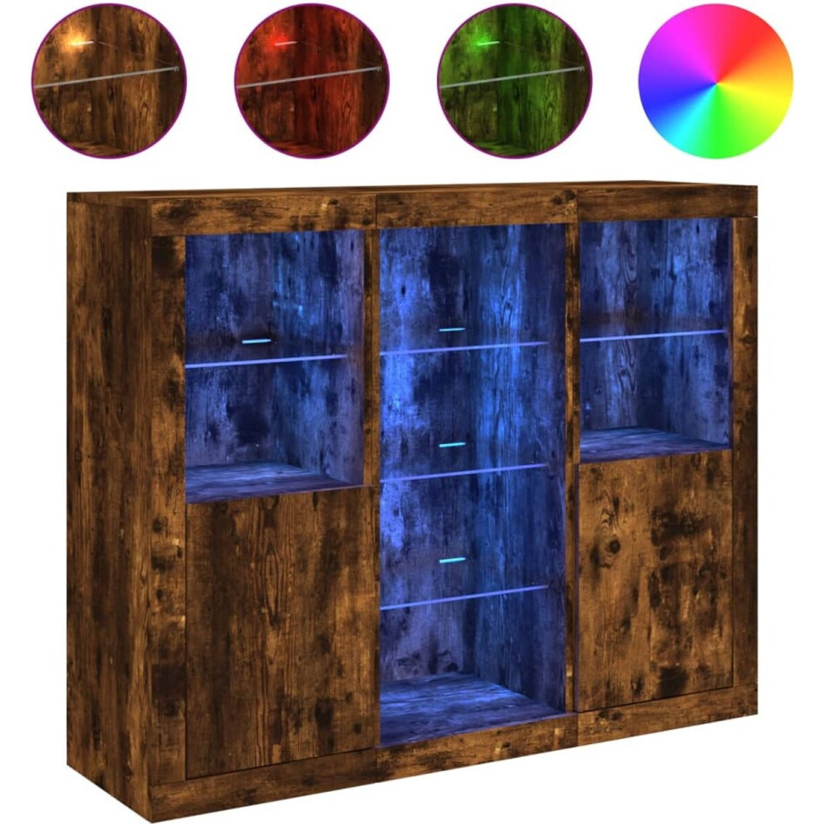 vidaXL - Dressoirs - met - LED-verlichting - 3 - st - bewerkt - hout - gerookt - eiken vidaXL - Dressoirs - met - LED-verlichting - 3 - st - bewerkt - hout - gerookt - eiken afbeelding 1