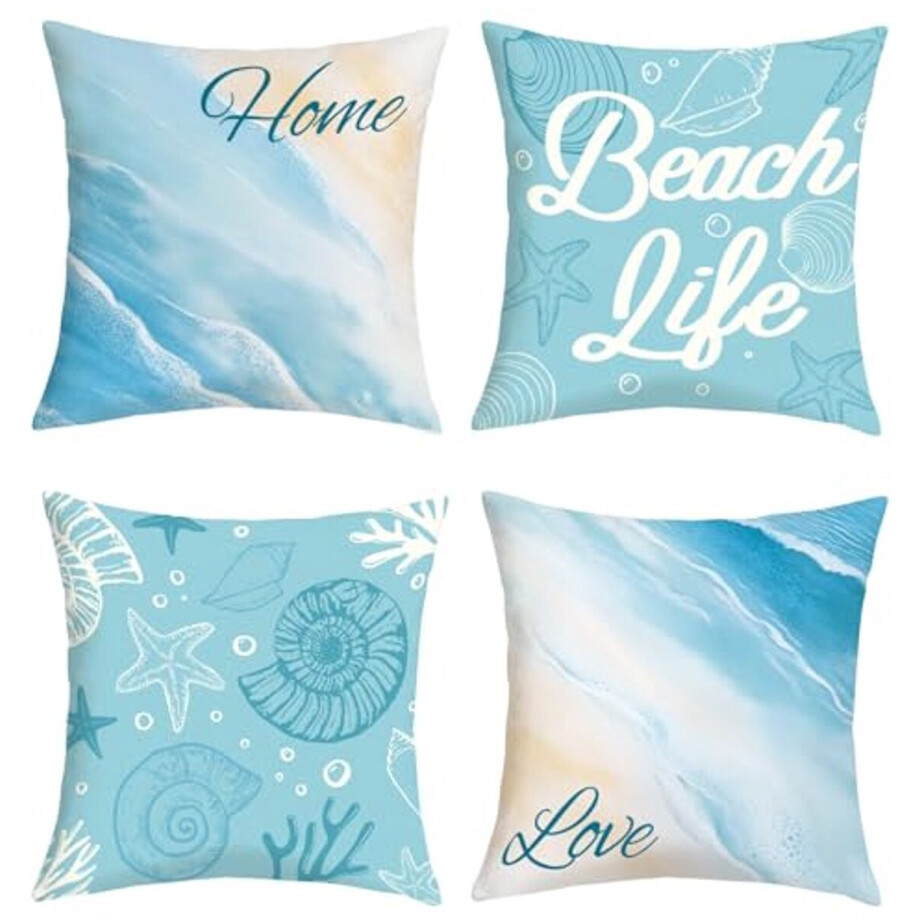 Ultiluxe® Kussenhoezen - 4 Stuks - Sierkussenslopen - Decoratieve Kussenhoes - 45 x 45 cm - Fluweel Stof - Schelp Strand Print - Blauw/Wit afbeelding 1