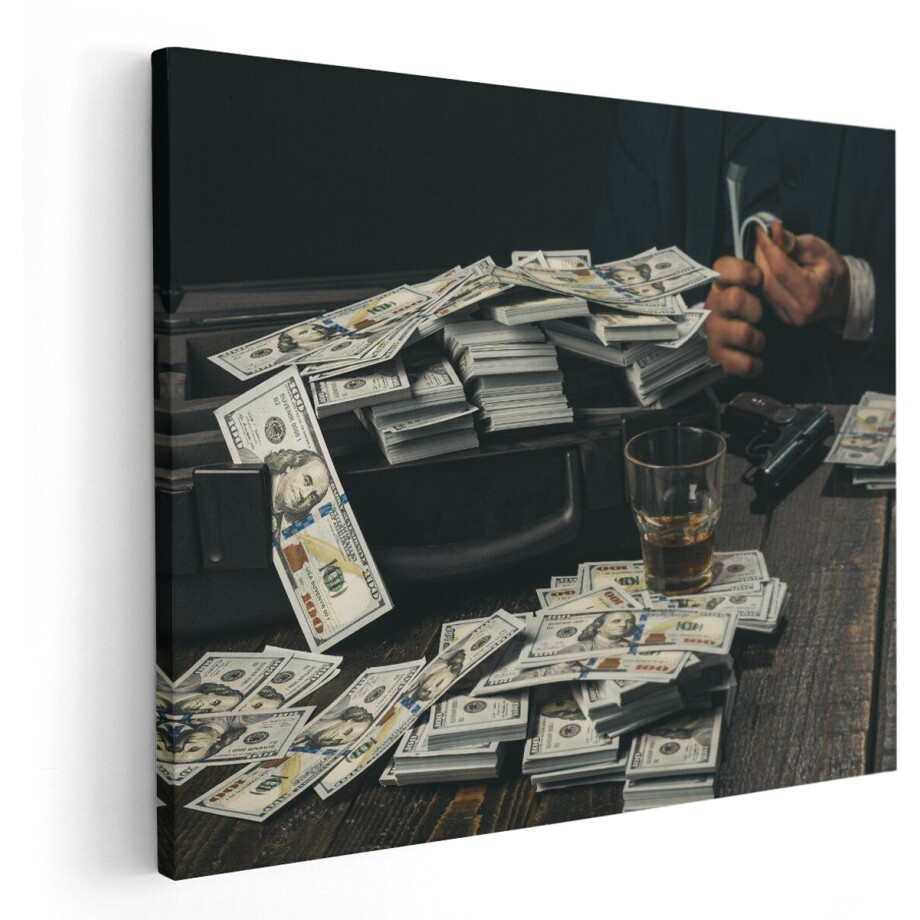 Artaza Canvas Schilderij Dollar Geld Briefjes Op Tafel Van De Maffia - 150x120 cm - Groot - Wanddecoratie Woonkamer - Schilderijen - Muurdecoratie afbeelding 1