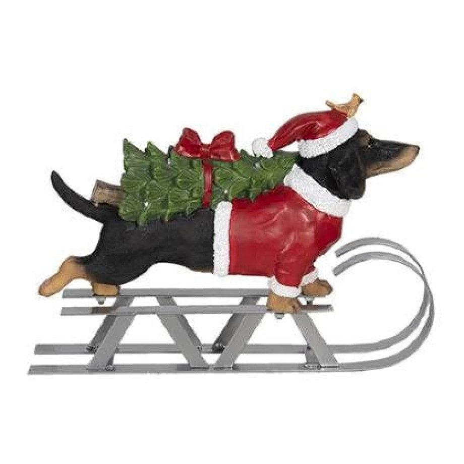 Clayre & Eef Kerstdecoratie Beeld Hond 40x10x28 cm Bruin Rood afbeelding 1
