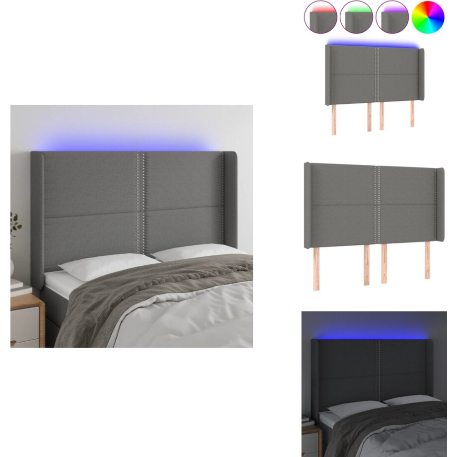 vidaXL Hoofdbord - Hoofdborden - Hoofdeinde - Houten Hoofdbord - Hoofdbord LED 147x16x118/128 cm stof donkergrijs afbeelding 1