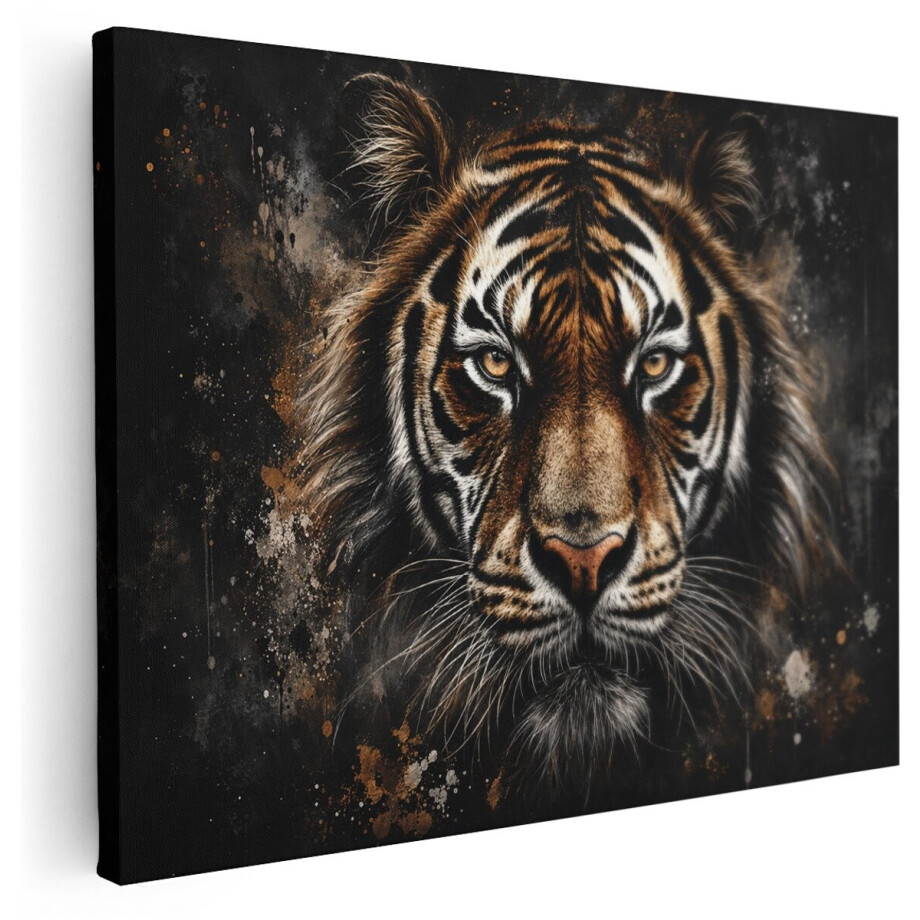 Artaza Canvas Schilderij Tijger Portret - Zwart En Bruin - 40x30 cm - Klein - Wanddecoratie Woonkamer - Schilderijen - Muurdecoratie afbeelding 1