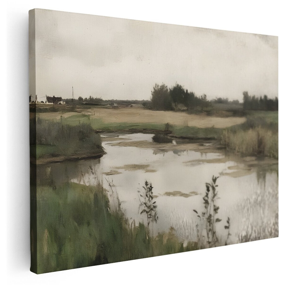Artaza Canvas Schilderij Natuur - 160x120 cm - Groot - Wanddecoratie Landelijk Water - Muurdecoratie Riet - Schilderijen Woonkamer - Kamer Accessoires afbeelding 1