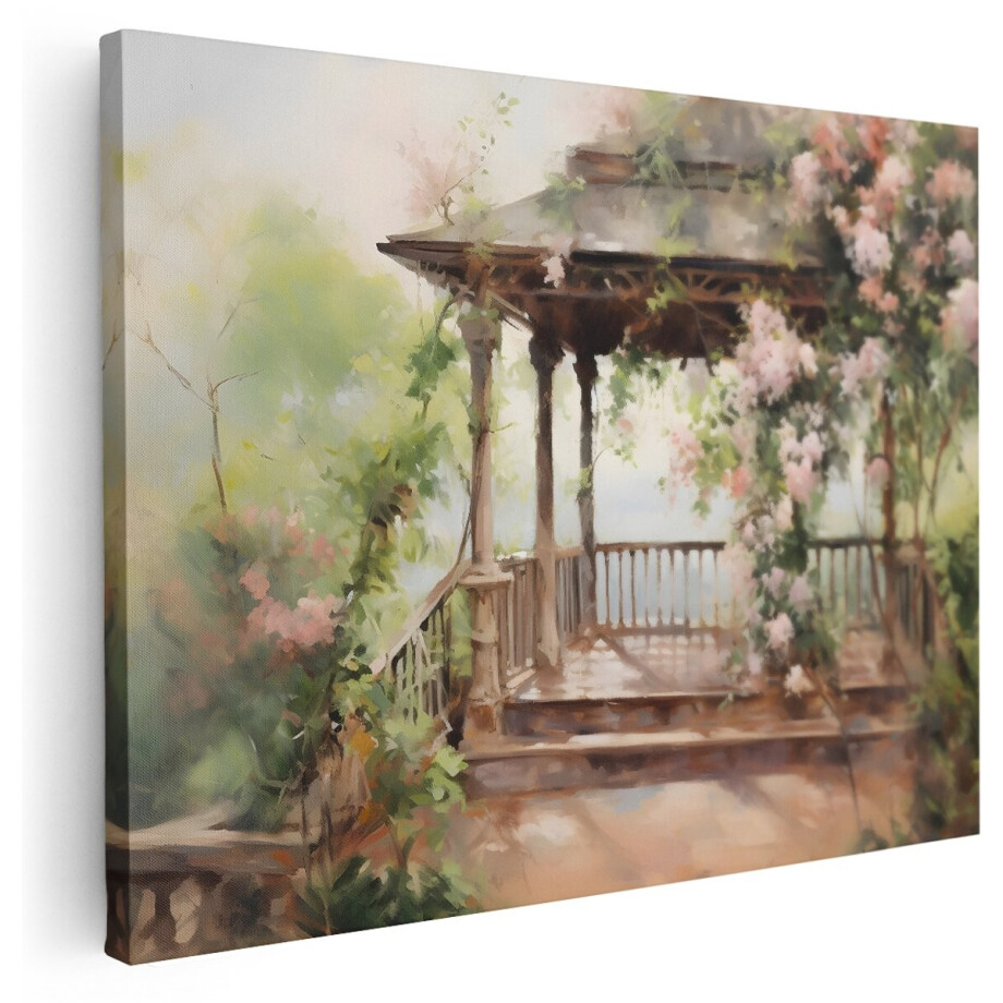 Artaza Canvas Schilderij Tuin Met Gazebo - 160x120 cm - Groot - Wanddecoratie Landelijk - Muurdecoratie Bloesem - Decoratie Romantisch - Kamer Accessoires afbeelding 1