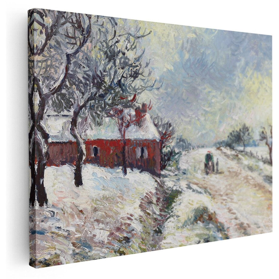 Artaza Canvas Schilderij Winter - 160x120 cm - Groot - Wanddecoratie Landschap Schilderij - Muurdecoratie Paard En Wagen - Decoratie Rode Boerderij - Schilderijen Op Canvas afbeelding 1