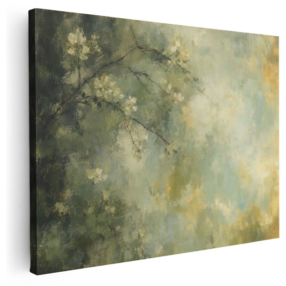 Artaza Canvas Schilderij Abstract Groen Met Goud - Kunst - 160x120 cm - Groot - Klein - Wanddecoratie Woonkamer - Schilderijen - Muurdecoratie afbeelding 1
