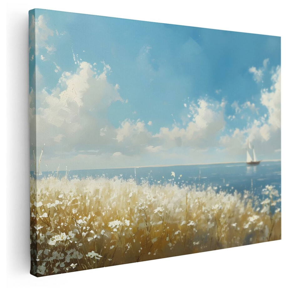Artaza Canvas Schilderij Landschap - 160x120 cm - Groot - Wanddecoratie Strand En Zee - Muurdecoratie Bloemenveld - Decoratie Zeilboot - Kamer Accessoires afbeelding 1