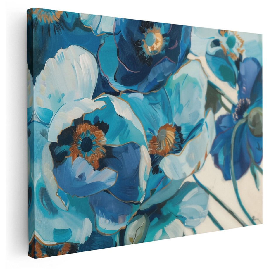 Artaza Canvas Schilderij Blauwe Bloemen op een Witte Achtergrond - Bloemen - 160x120 cm - Groot - Wanddecoratie Woonkamer - Schilderijen - Muurdecoratie afbeelding 1