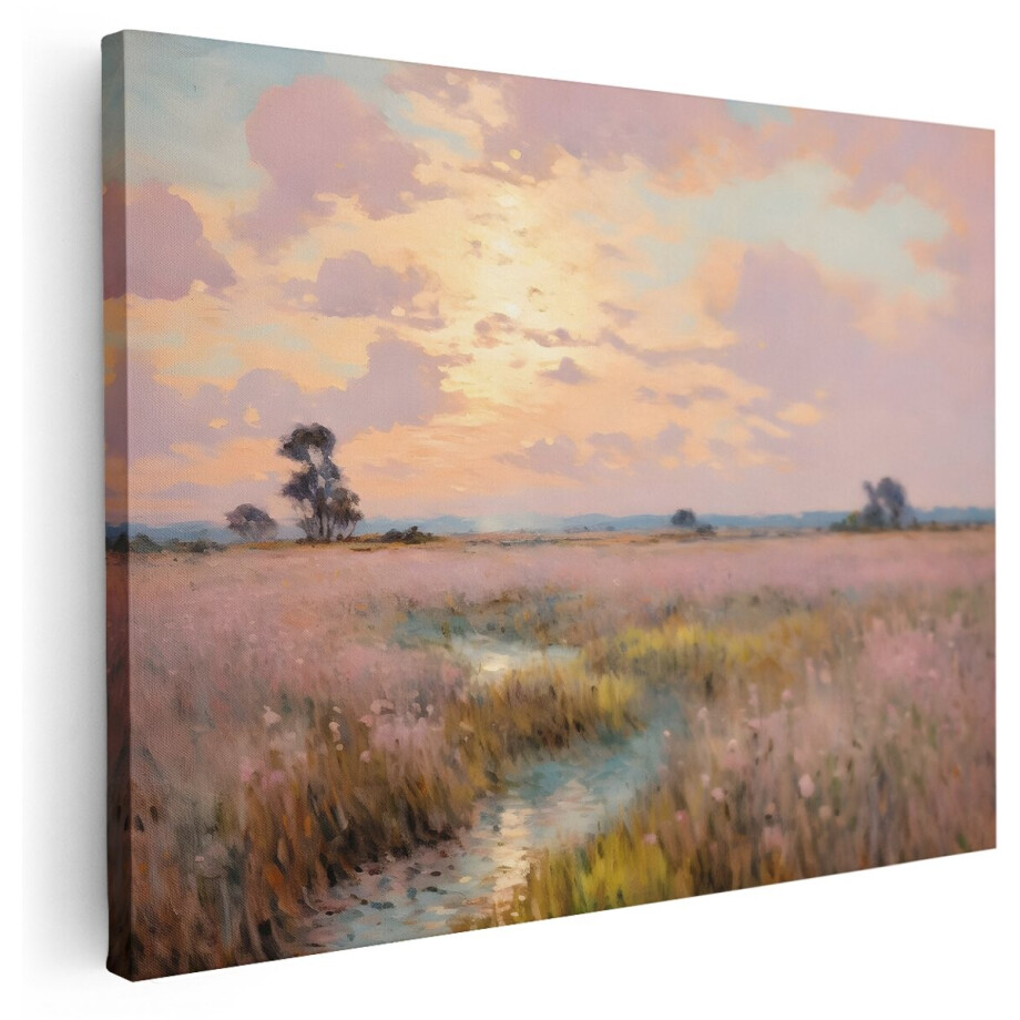 Artaza Canvas Schilderij Zonsondergang - 160x120 cm - Groot - Wanddecoratie Natuur Landschap - Muurdecoratie Bloemenveld - Schilderijen Op Canvas afbeelding 1