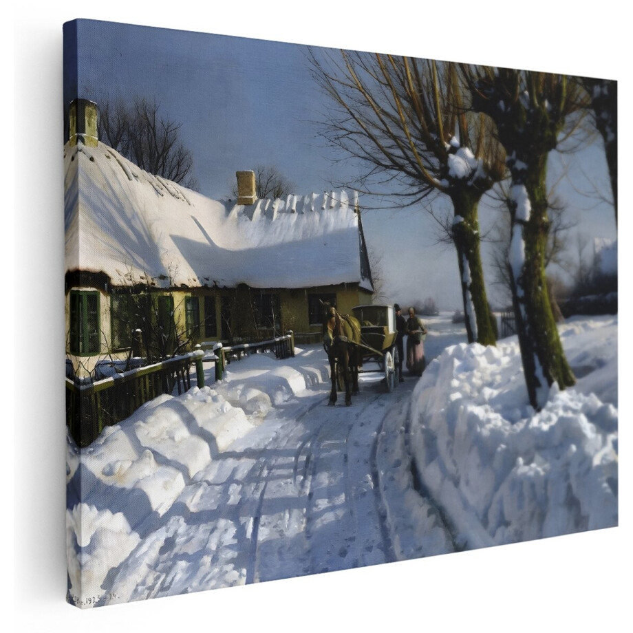 Artaza Canvas Schilderij Paard - 160x120 cm - Groot - Wanddecoratie Besneeuwde Landweg - Muurdecoratie Winter - Kamer Accessoires Landschap afbeelding 1