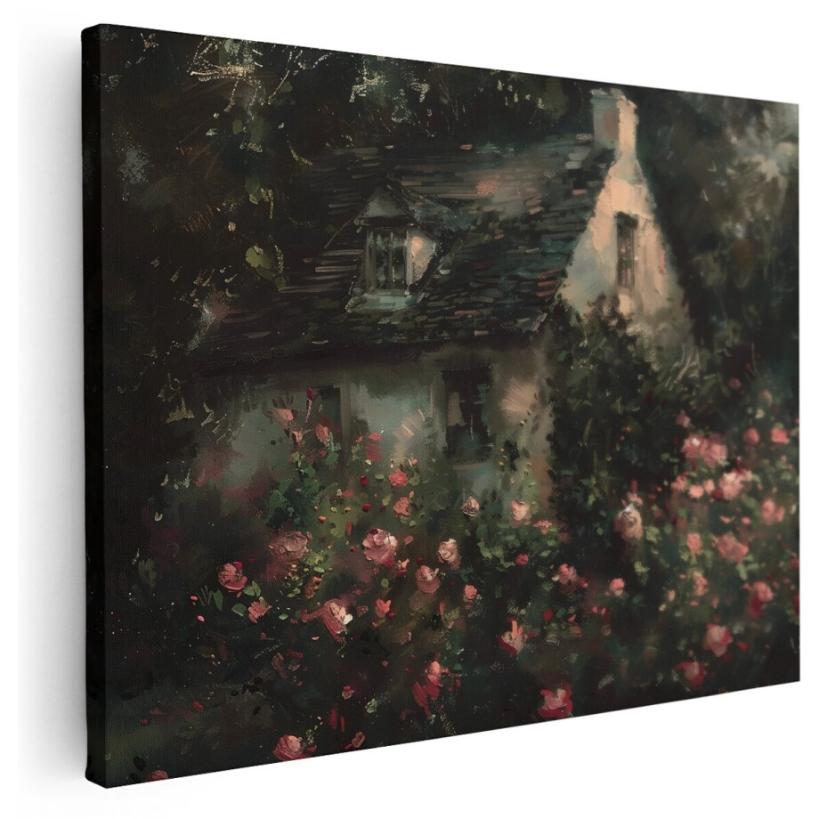 Artaza Canvas Schilderij Rozentuin Cottage - 160x120 cm - Groot - Muurdecoratie Bloemen Natuur - Wanddecoratie Romantisch - Schilderijen Op Canvas - Roze afbeelding 1