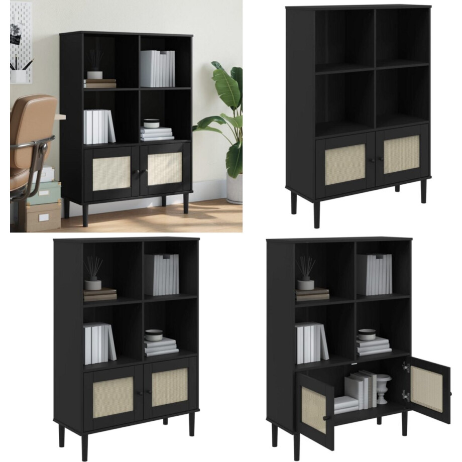 vidaXL Boekenkast SENJA rattan-look 90x35x130 cm grenenhout zwart - Boekenkast - Boekenkasten - Boeken Plank - Schappenkast afbeelding 1