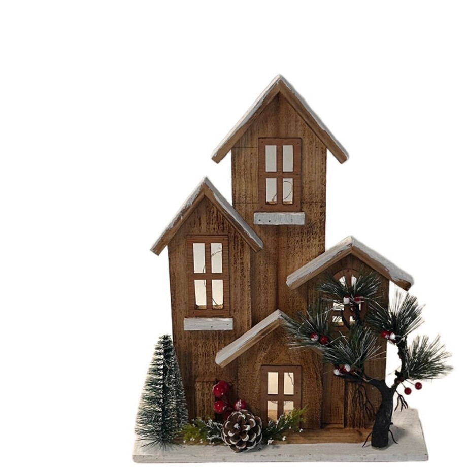 Sfeervol Houten Kersthuisjes tafereel met kerstbomen LED-verlichting | HCM24069 | Staand | Hendriks Deco afbeelding 1