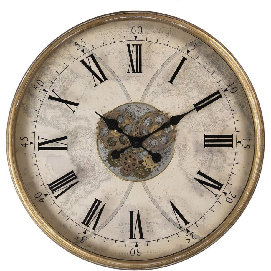 Clayre & Eef Wandklok Ø 72 cm Goudkleurig Hout Ijzer Rond Muurklok Hangklok Keukenklok afbeelding 1