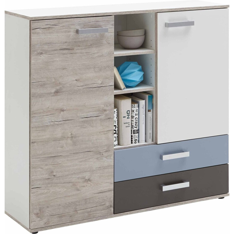 Opbergkast Lando Wit - Zandeiken - Breedte 116.9 cm - Hoogte 105 cm - Diepte 33 cm - Met lades - Met planken - Met openslaande deuren afbeelding 1