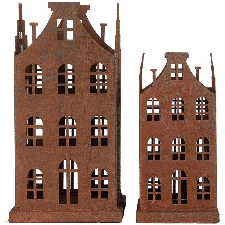 Clayre & Eef Decoratie Beeld Set van 2 Huis 11x11x21 / 8x8x16 cm Bruin Metaal afbeelding 1