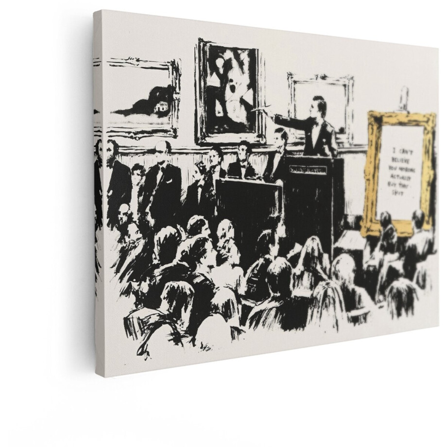 Artaza Canvas Schilderij Veilingmeester Wijst Naar Kunstwerk met Tekst - Publiek Kijkt Toe - 80x60 cm - Wanddecoratie Woonkamer - Schilderijen - Muurdecoratie afbeelding 1