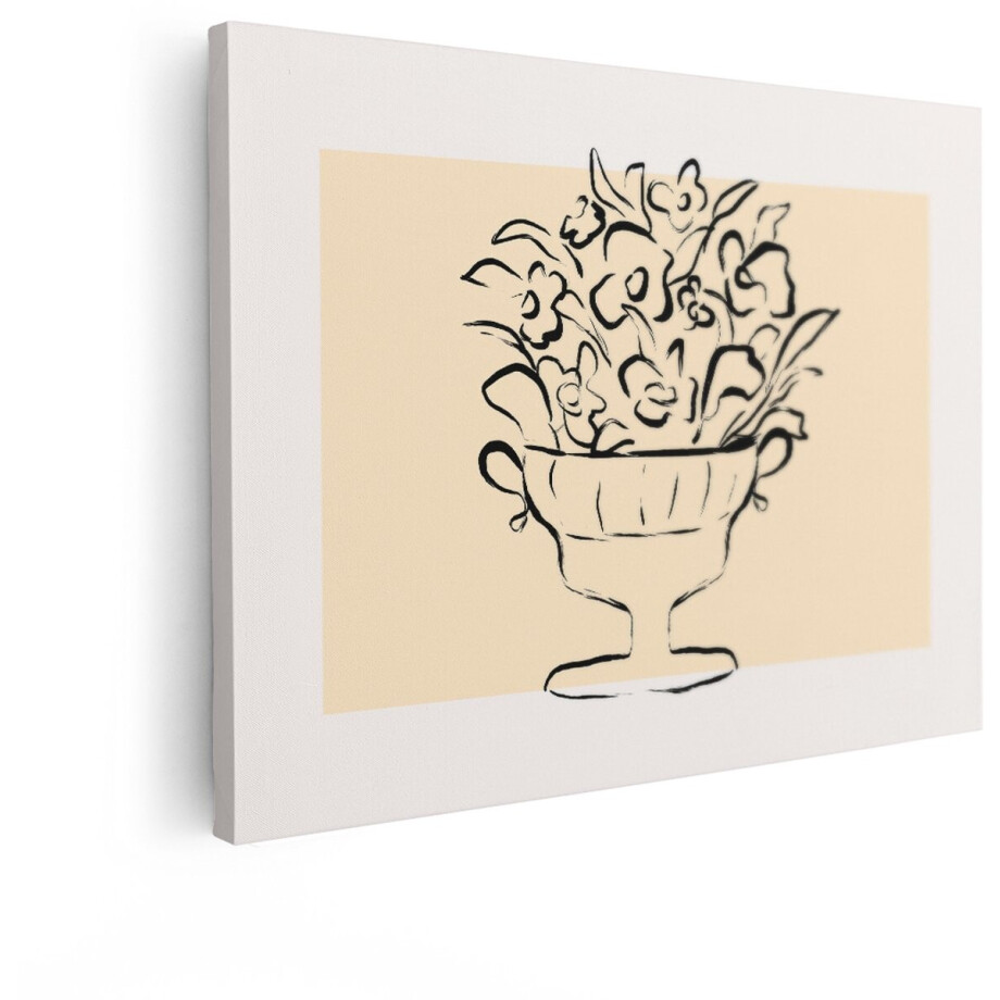 Artaza Canvas Schilderij Bloemen In Vaas - 80x60 cm - Wanddecoratie Abstract - Muurdecoratie Lijntekening - Decoratie Stilleven Beige afbeelding 1